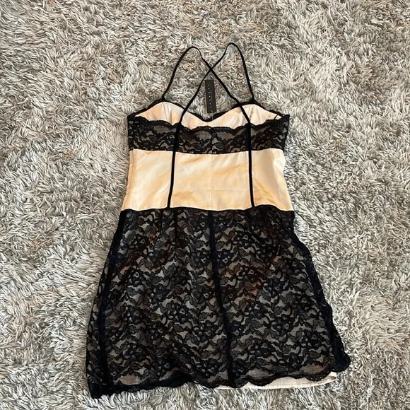 Laundry by Shelli Segal Cream & Black Lace Corset Spaghetti Strap Slip Dress